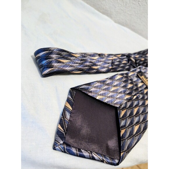 Palatina Men's 100% Imported Silk Necktie Blue Gold Abstract Print Made In USA - Picture 5 of 7